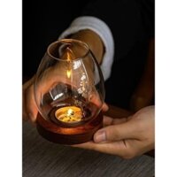 Đèn thiền đế gỗ thắp nến – Đèn thiền gỗ thắp nến có bóng thủy tinh - Đèn thiền đế gỗ mộc hương (11.5x8.5cm)