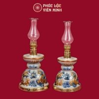 Đèn Thờ Chân Nến Long Chầu Nguyệt Men Rạn Bọc Đồng Thếp Vàng Gốm Sứ Bát Tràng - Phúc Lộc Viên Minh
