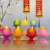 Đèn thờ ,đèn nến hoa sen thủy tinh lưu ly(pin AA)combo đèn và chân đế