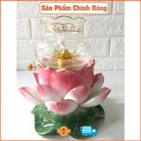 Đèn thờ. Đốt bằng dầu. Hình hoa sen màu hồng, đế màu xanh. Đồ thờ cúng