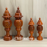 đèn thờ gỗ tổ ong màu nâu đỏ để bàn thờ - đèn gỗ xà cừ cao 24cm và 36cm