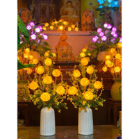 Đèn Thờ Hoa Sen Cắm điện cặp 7 bông màu vàng bình trắng( giá 1 cặp)