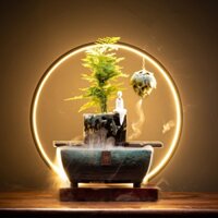 Đèn trầm hương thác trầm hương kèm chậu cây nghệ thuật trà đạo trang trí nhà cửa timedecor