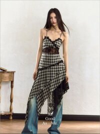 Đen Trắng Kẻ Sọc Ren Khâu Sling Váy Dài Không Đều Viền Đầm Nữ