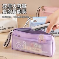 Đen Trắng Lưới Nhật Bản Di Động Giá Trị Cao Hộp Đựng Bút Chì Học Sinh Mờ Hai Lớp Dung Tích Lớn Túi Văn Phòng Phẩm 0219