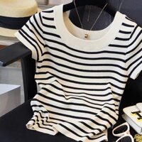 Đen Trắng Sọc Băng Lụa Sọc Vai Trước Áo Thun Nữ Tay Ngắn Mùa Hè Phong Cách Chanel Cao Cấp Tính Khí Ngắn K