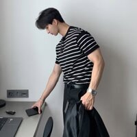 Đen Trắng Sọc Nửa Tay Áo Thun Nam Mùa Hè Thoáng Khí Mát Top Cổ Nhỏ Slim-fit Cặp Đôi Áo Thun