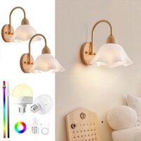 Đèn tường cổ ngỗng phong cách Nhật Bản, chụp đèn hoa Acrylic & đế gỗ, đèn tường không dây có thể sạc lại cho hành lang phòng ngủ phòng khách