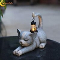 Đèn tượng năng lượng mặt trời cho mèo RADIANTFLASH, Đèn điêu khắc động vật bằng nhựa chống thấm nước, Đồ thủ công Sáng tạo Sống động Nghệ thuật dễ thương Các bức tượng nhỏ Đồ trang trí sân