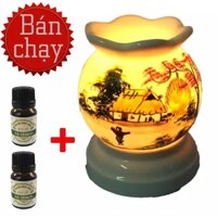 Đèn xông tinh dầu điện vẽ tay . Tặng 2 chai tinh dầu Eco oil sả chanh đuỗi muỗi