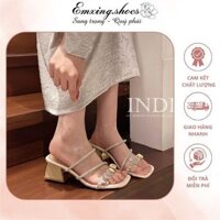 Dép cao gót 5p đính đá mặt trăng emxingshoes đế vuông quai trong kết khóa nhủ kim tuyến bạc chéo hột xoàn