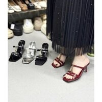 DÉP CAO GÓT NHỌN 7P MŨI VUÔNG QUAI MẢNH ĐÍNH CHỮ (Y.S.L. CAO GÓT)