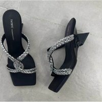 Dép cao gót nữ đế xuồng soàn trúc chéo đá sáng mũi vuông cao 5 cm