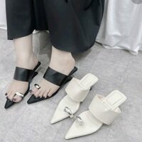 Dép cao gót nữ đế xuồng XỎ ngón đính TAG phối quai NGANG mũi NHỌN cao 5 cm