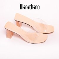 Dép cao gót nữ MINICHINO thời trang, guốc thời trang quai trong gót cao 7p màu Kem