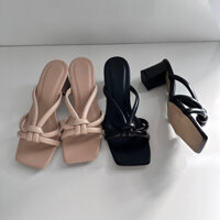 Dép cao gót nữ quai dây đế vuông cao 5cm hai màu