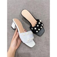 Dép/ Cao Gót Nữ Quai Ngang Vải Voan Nhún Đính Ngọc Đế Vuông Cao 5 Phân