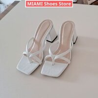 Dép cao gót xỏ ngón si da rắn xịn gót vuông 7phân, Giày cao gót quai mảnh 7 phân đơn giản size 35-39