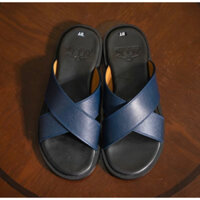 Dép chữ X da bò nhập khẩu màu xanh navi Đế gỗ phíp dán vibram
