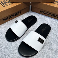 Dép Da nam quai ngang đế bằng dép Mooner chính hãng quai Da cao cấp đính khuy mã [ M 45 ]