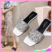 dép đế xuồng Dép Sandal Đế Bằng Đính Đá Có Size Lớn Thiết Kế Mới Thời Trang Cho Nữ