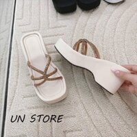 Dép đế xuồng nữ quai 6 dây xoàn chéo đính đá lấp lánh, dép bánh mì đế cao 7 phân USD030 Un Store