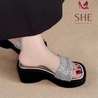 Dép đế xuồng nữ quai xoàn mảnh đính đá nhiều dây đế bánh mì cao 7 phân siêu êm chân