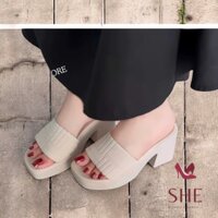 Dép đế xuồng PU quai vải nhung bản ngang, dép xuồng đế đúp vuông cao 7 phân dễ phối đồ