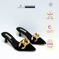 Dép guốc nữ cao gót thời trang mũi nhọn,khóa xích vàng,dưới 7cm Depn38