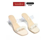 Dép guốc nữ đế vuông Ninshoes 5P mũi vuông quai bản to đính đá trẻ trung phù hợp đi chơi đi tiệc DT028