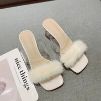 Dép guốc nữ không quai Mica Lông Ngang gót trong cao 2 cm và 5 cm