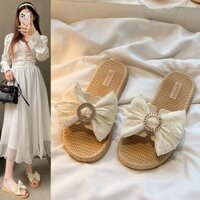 Dép Hàn Quốc Nữ Nơ Đáy Phẳng Chống Trơn Trượt Thời Trang Trong Nhà Dép Đi Biển Dép