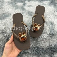 Dép kẹp xỏ ngón nữ cao su mũi vuông đính charm THỎ NÂU KIM LOẠI chân gài mix nhiều màu thời trang