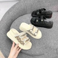 Dép lê nữ 2 quai ngang vải dạ GG đế cao 7cm HOT 2024- Giao Hàng Nhanh