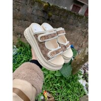 Dép lê nữ 2 quai ngang vải dạ G đế cao 7cm HOT 2023