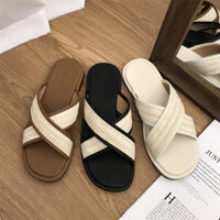 Dép lê nữ cói quai chéo đế thấp đi biển thời trang 2023