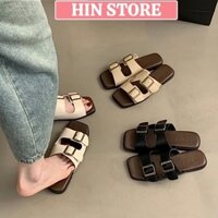 Dép lê nữ sang chảnh quai ngang 2 khuy bản vuông đế bệt, sandal nữ Hàn Quốc đi học, đi biển hot nhất hiện nay MS08