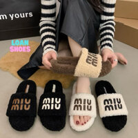 Dép lông đế 3cm đi ngoài trời thời trang dép lông cừu chữ min mẫu mới 2024 dép bông nữ đi nhà mùa thu đông