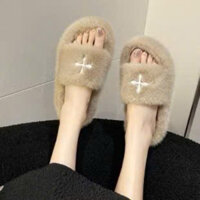 Dép lông nữ đi trong nhà, dép bông chữ thập nữ độn 5 phân thời trang thu đông mẫu mới đế cao su lông nhân tạo
