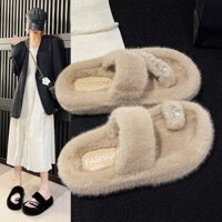 Dép lông xỏ ngón kết đính đá tiêu thư sang chảnh, Dép lông thời trang HÀN QUỐC
