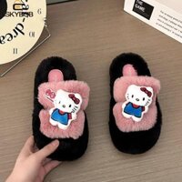 Dép Mèo FUJIOU KT, Dép Một Dòng Hoạt Hình Đáy Phẳng, Thời Trang Ấm Áp Im Lặng Mềm Mại Mùa Đông Lông Tơ Trượt Nữ