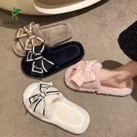 Dép một dây sang trọng RANERVZ, Dép lông nơ mềm chống trượt, Dép đế dày mùa đông Dép đi trong nhà ấm áp Giày bé gái