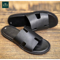 Dép nam chữ H da bò nhập khẩu vân cá đế gỗ phíp cao cấp dán Vibram chống trượt