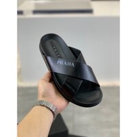 Dép nam da Prada thiết kế quai đan chéo nhau có in logo thương hiệu mềm mại thoải mái khi đi
