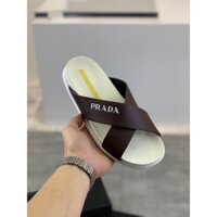 Dép nam da Prada thiết kế quai đan chéo nhau có in logo thương hiệu mềm mại thoải mái khi đi