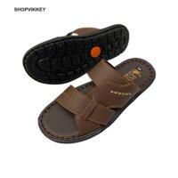 Dép nam quai ngang kiểu khâu X da simili đế cao su khâu viền giá rẻ màu nâu ms L24