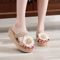 Dép nữ bán chạy mùa hè giả rơm dệt, dép du lịch Espadrilles, xu hướng Hàn Quốc, dép trượt ngoài trời, thời trang bãi biển phẳng