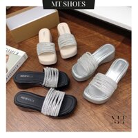Dép nữ đế bánh mì cao 4P quai ngang phối dây đá sang chảnh form nhỏ tăng size MT Shoes DN025