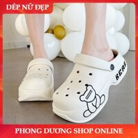 Dép nữ đế cao, Dép Crocs nữ, Dép bánh mỳ, In hình gấu, Đế 6cm chống trơn trượt