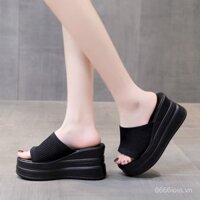 Dép nữ đế dày mới mùa hè trắng cao gót 9CM mũi nhọn giấu gót wedge chống nước 2023
